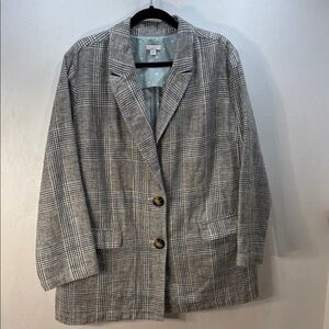J. Jill Classic Gray Light Blue Linen Lightweight Checkered Blazer Size XL